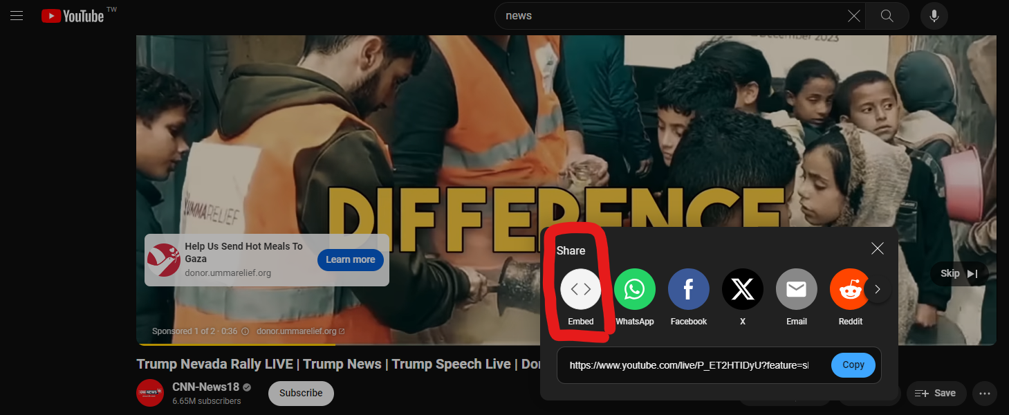 YouTube Share panel with the Embed button circled in red